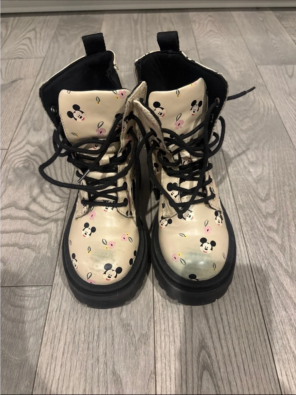 Zara Beige Kids Mickey Print Combat Boots with Black Soles